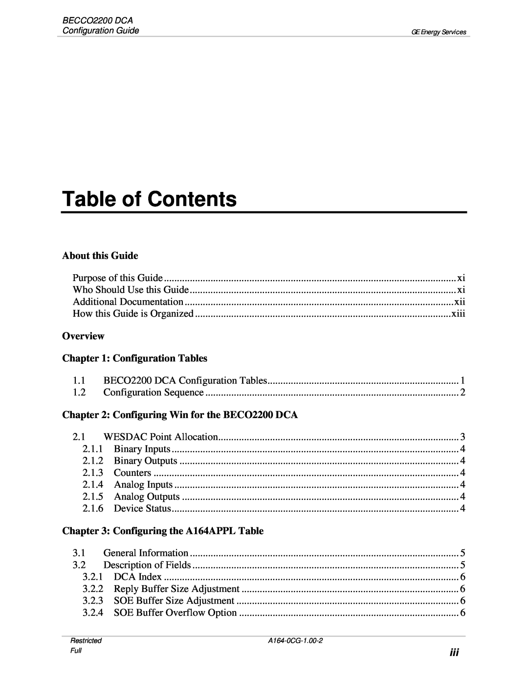 GE BECCO2200 Table of Contents, About this Guide, Overview, Configuration Tables, Configuring Win for the BECO2200 DCA 