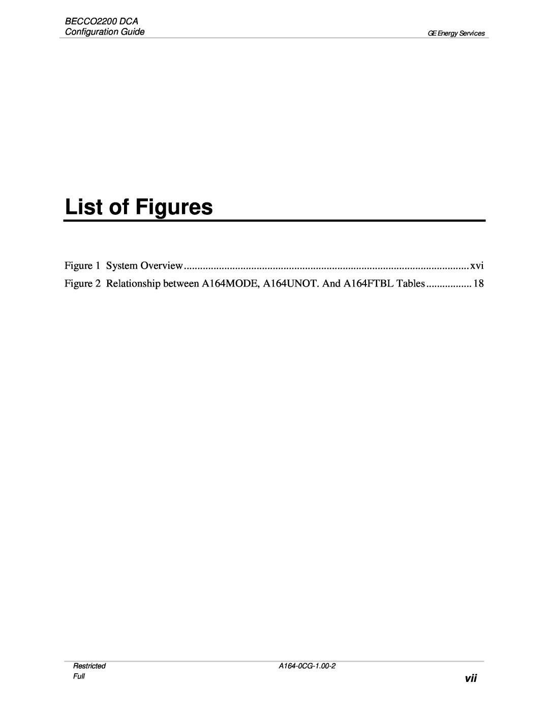GE manual List of Figures, BECCO2200 DCA, Configuration Guide, Restricted, Full, A164-0CG-1.00-2, GE Energy Services 