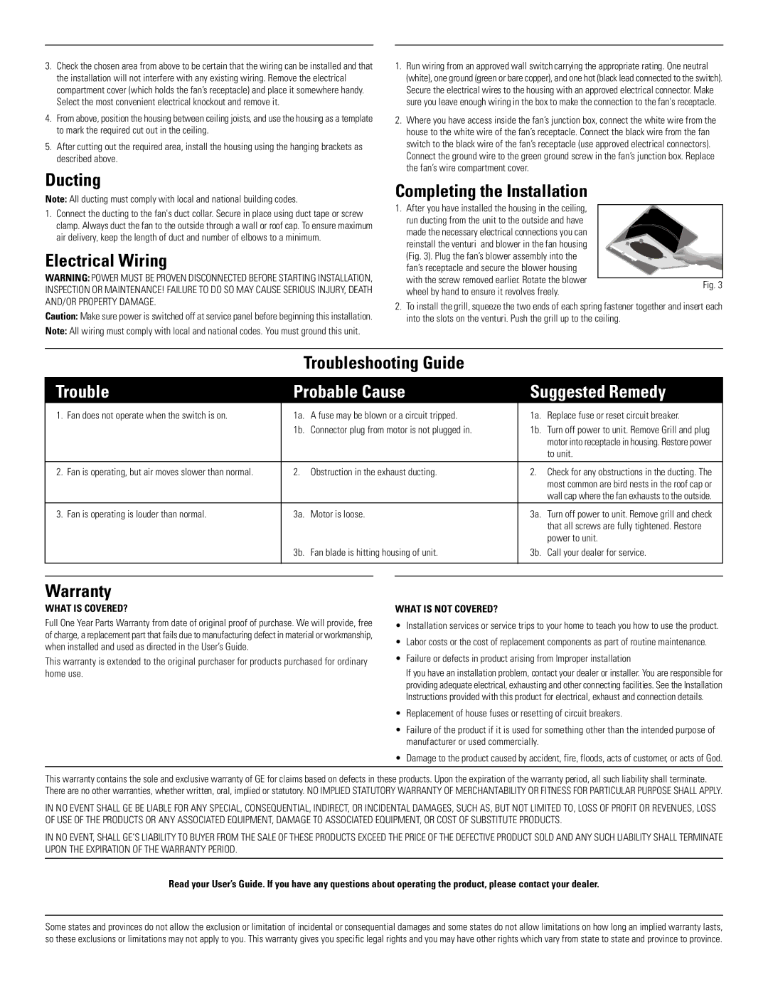 GE BF100S warranty Ducting, Electrical Wiring, Completing the Installation, Troubleshooting Guide, Warranty 