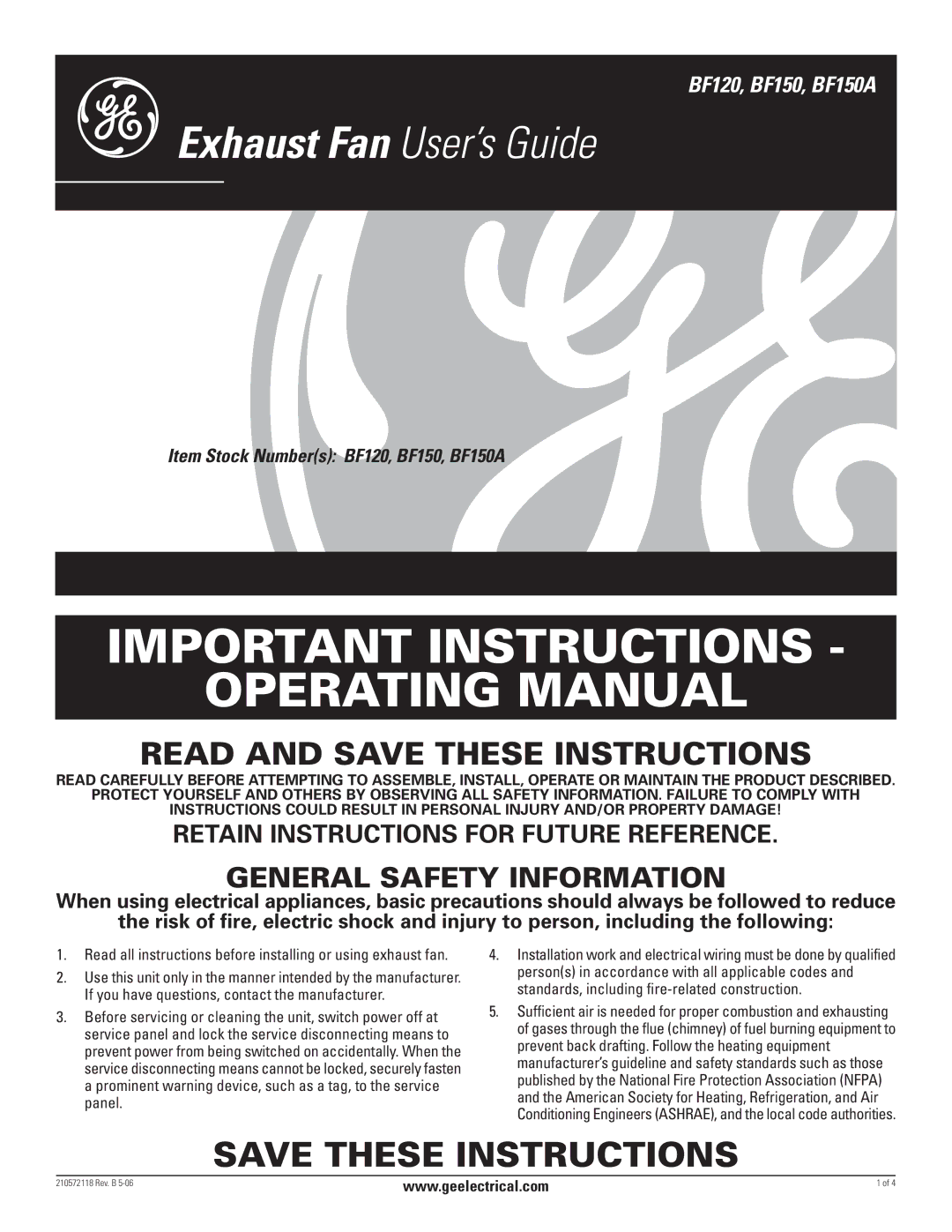 GE BF120, BF150A manual Important Instructions Operating Manual 