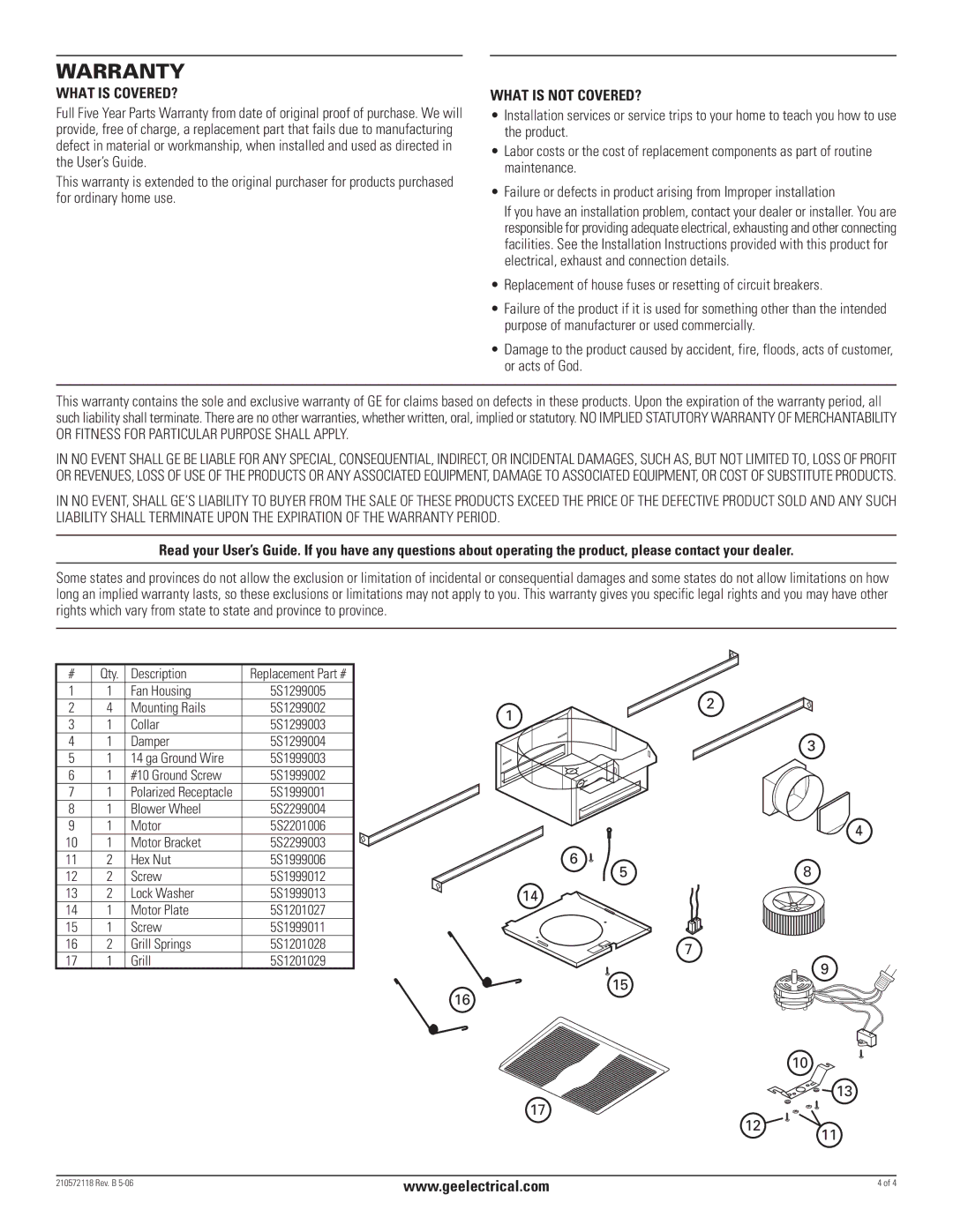 GE BF120, BF150A manual Warranty, Replacement of house fuses or resetting of circuit breakers 