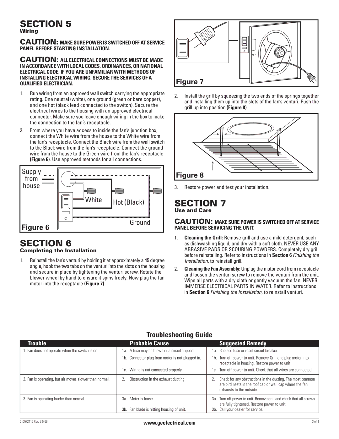 GE BF60A, BF70A, BF75, BF85A, BF60CPA, BF50A manual Wiring, Completing the Installation, Use and Care 