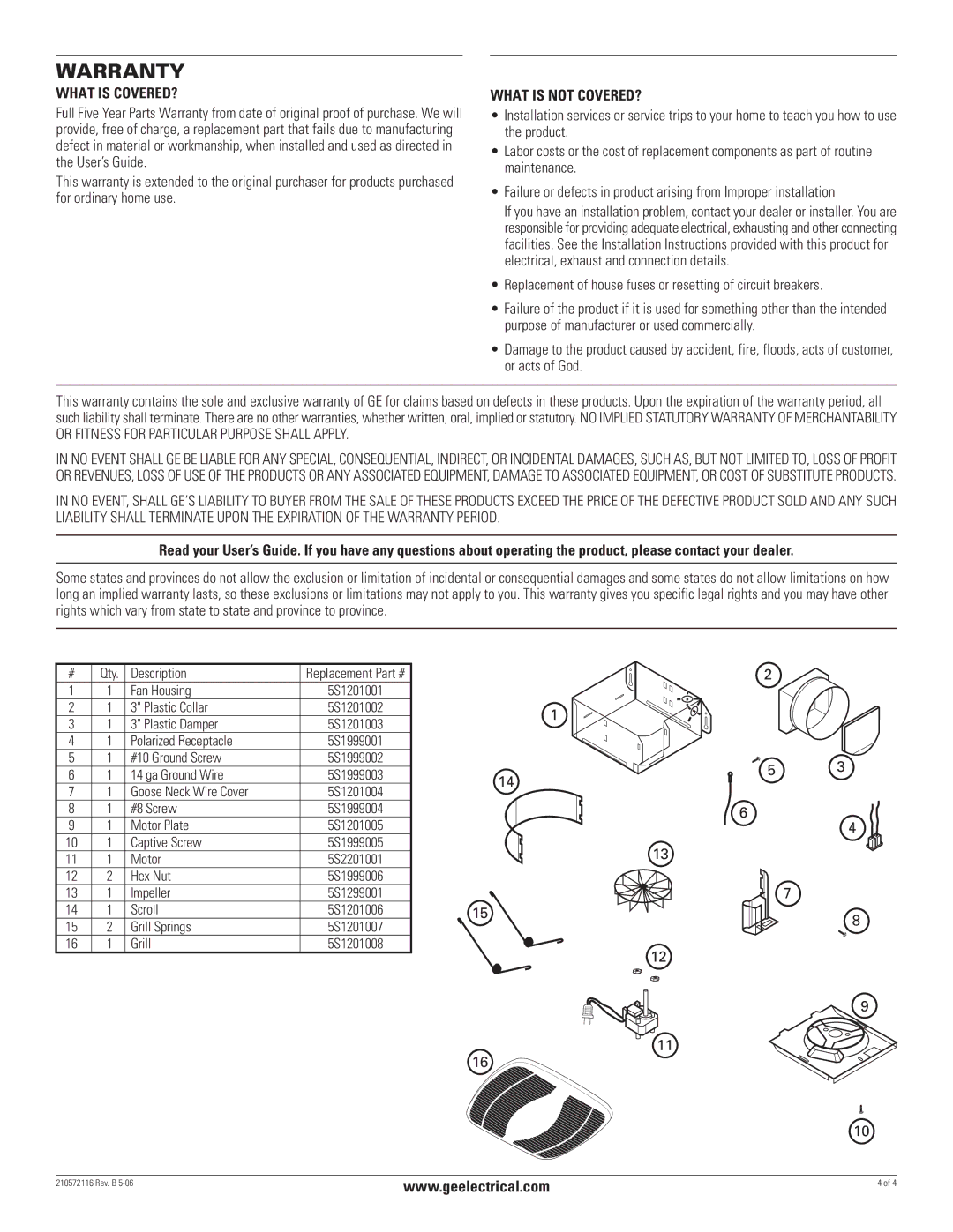 GE BF70A, BF75, BF60A, BF85A, BF60CPA, BF50A manual Warranty, Replacement of house fuses or resetting of circuit breakers 