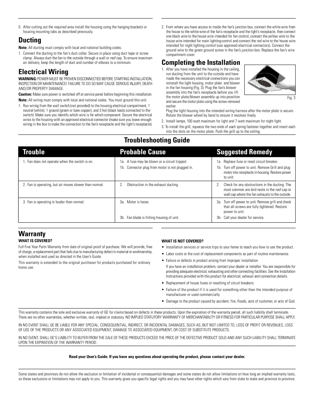 GE BFL125UQ warranty Ducting, Electrical Wiring, Completing the Installation, Troubleshooting Guide, Warranty 