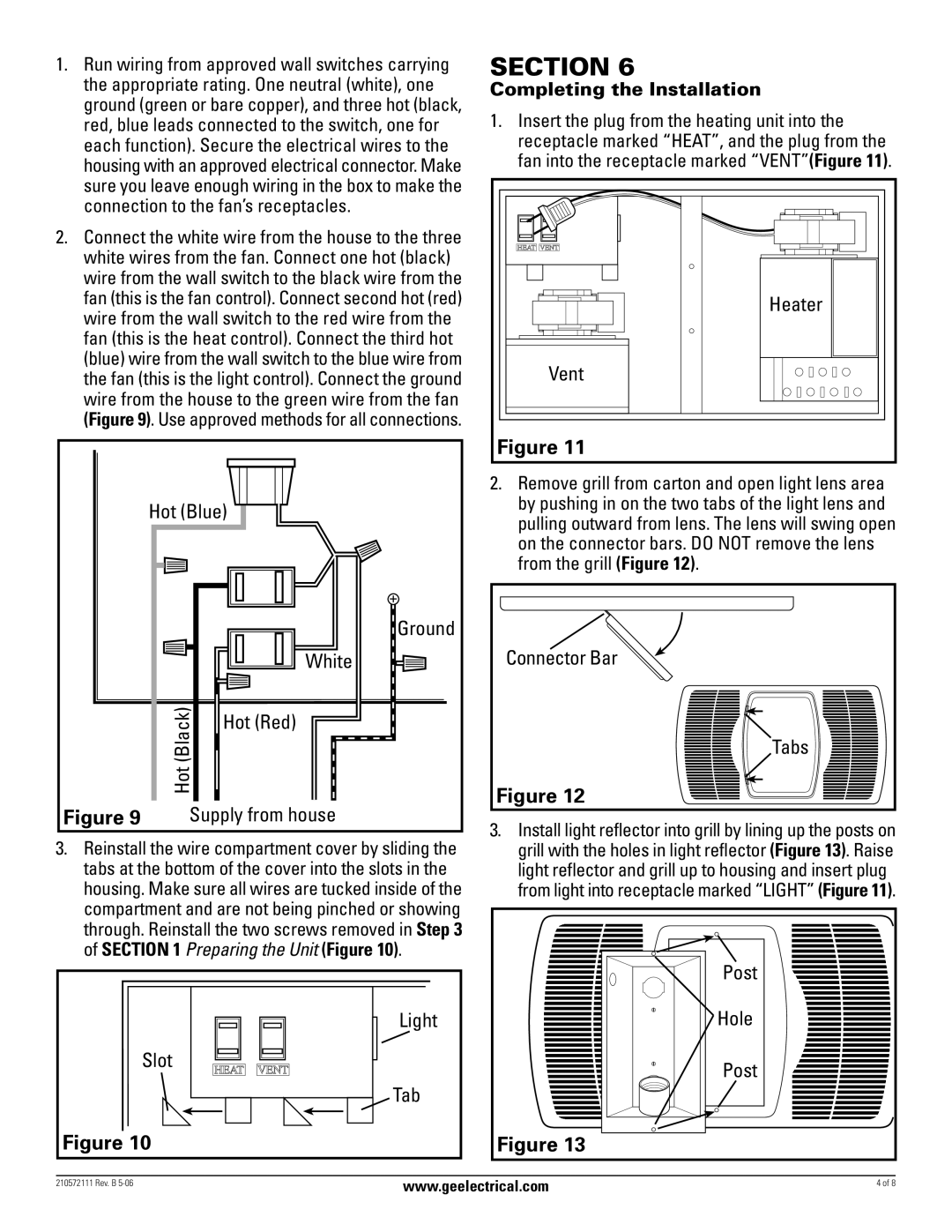 GE BFLH85L, BFLH70L manual Heater, Vent, Hot Blue, Post Light Hole Slot Tab 