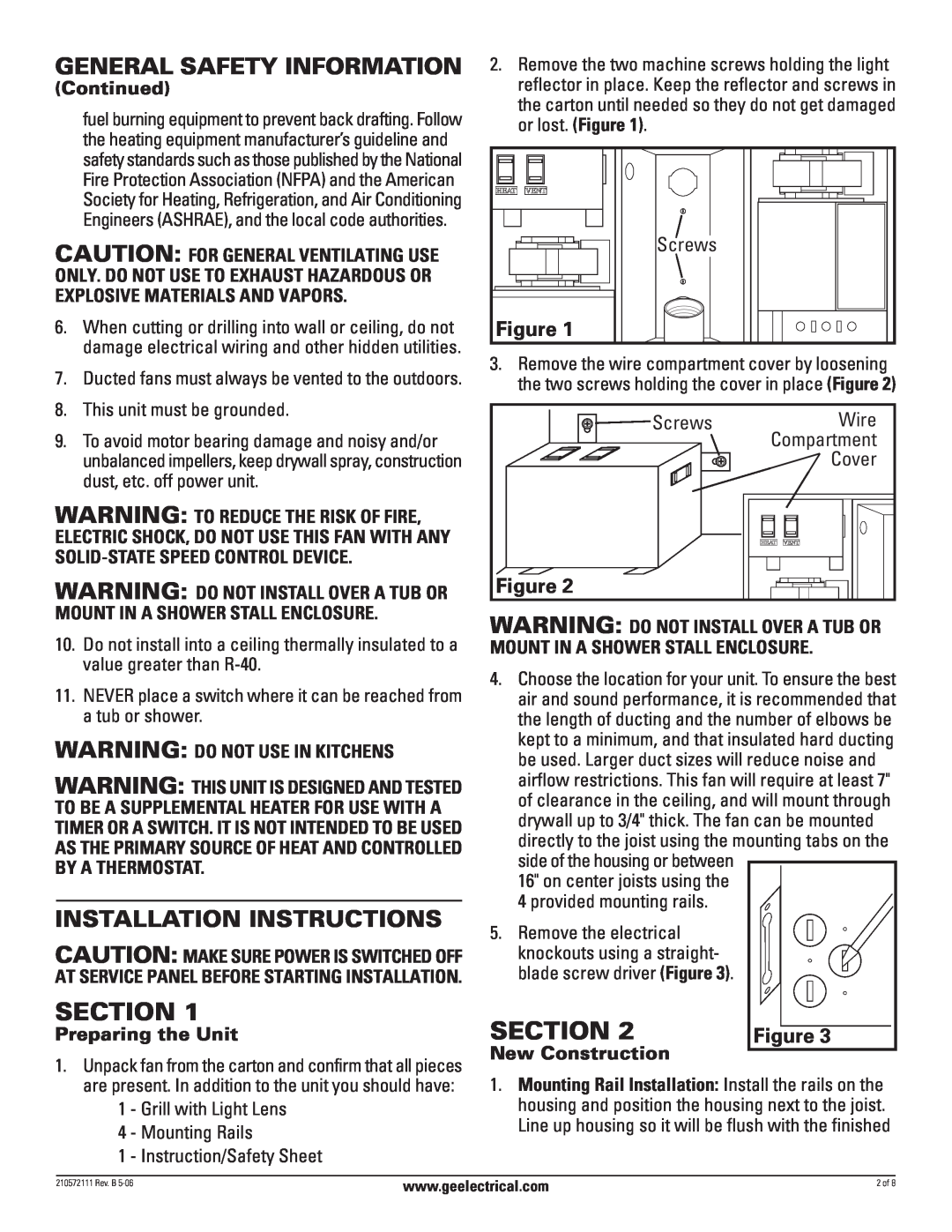 GE BFLH85L manual Section, General Safety Information, Installation Instructions, Continued, Warning Do Not Use In Kitchens 