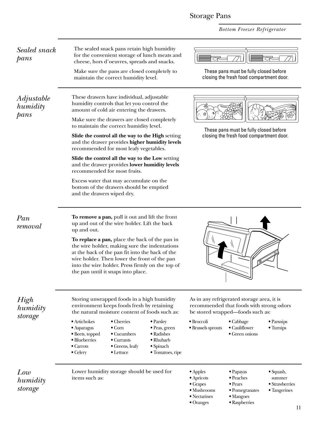 GE Bottom-Freezer Built-In Refrigerators owner manual High humidity storage, Low humidity storage 