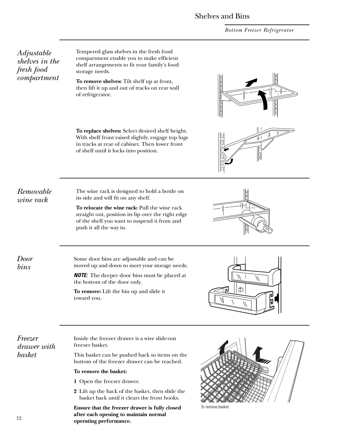 GE Bottom-Freezer Built-In Refrigerators owner manual Door bins Freezer drawer with basket, To remove the basket 