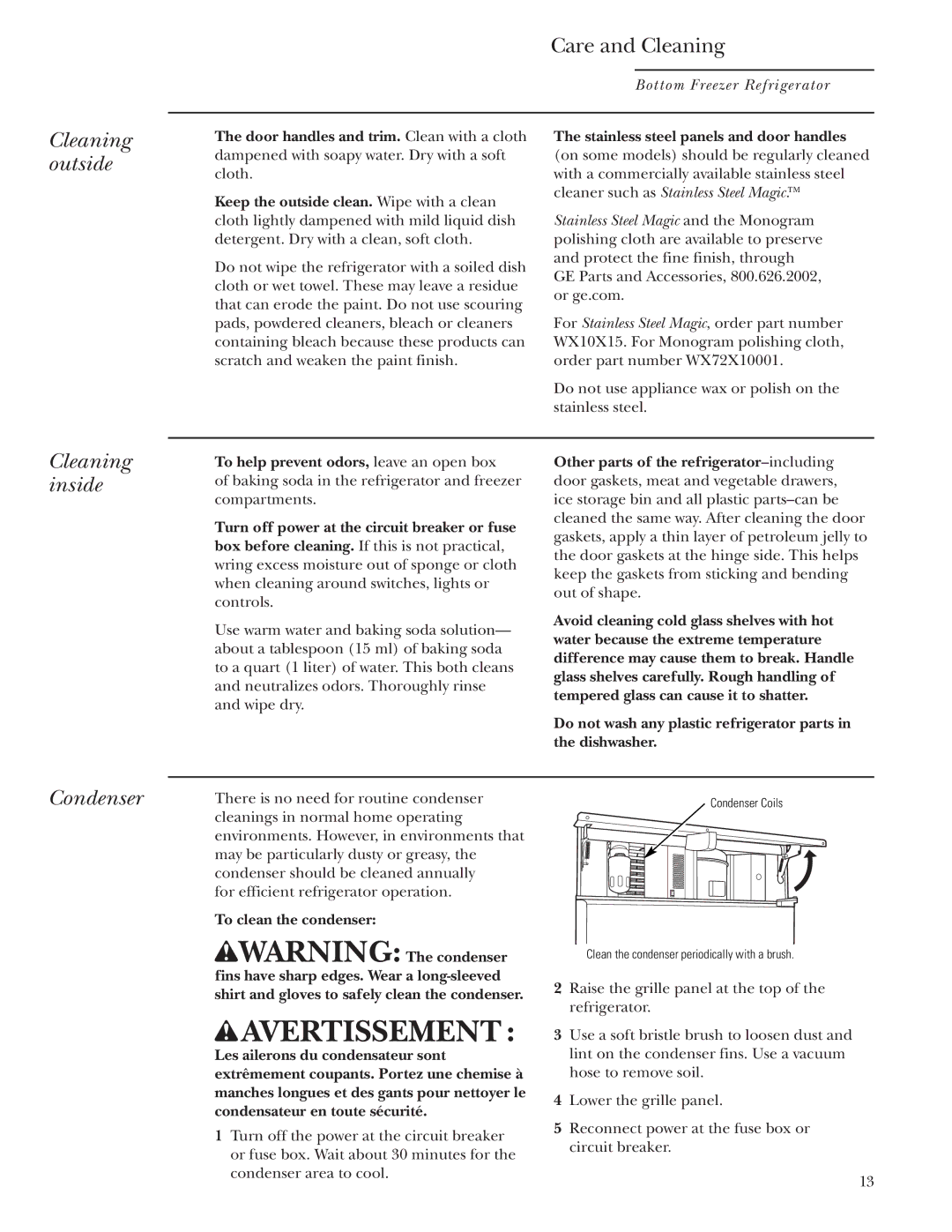 GE Bottom-Freezer Built-In Refrigerators owner manual Cleaning outside, Cleaning inside, Condenser 