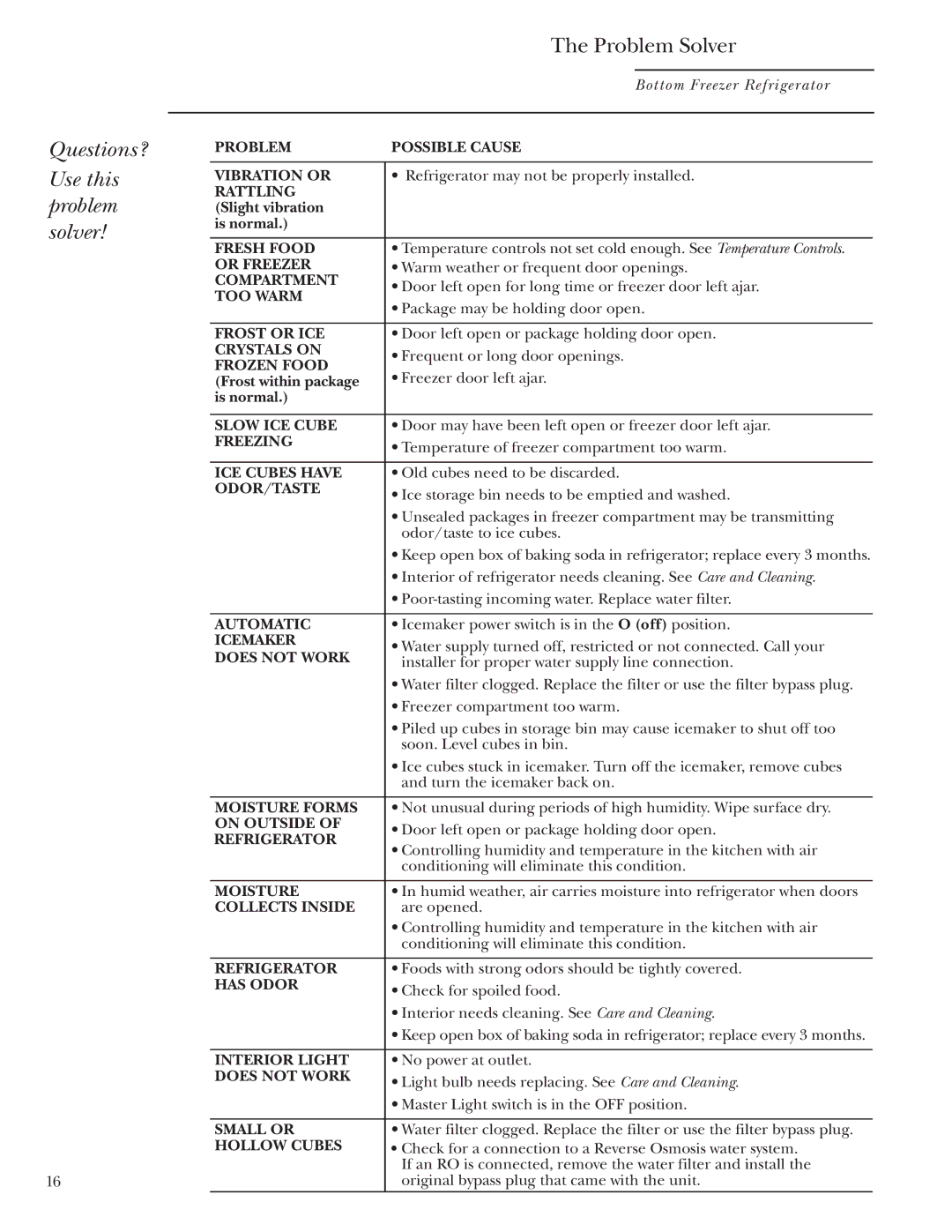 GE Bottom-Freezer Built-In Refrigerators owner manual Problem Possible Cause Vibration or 
