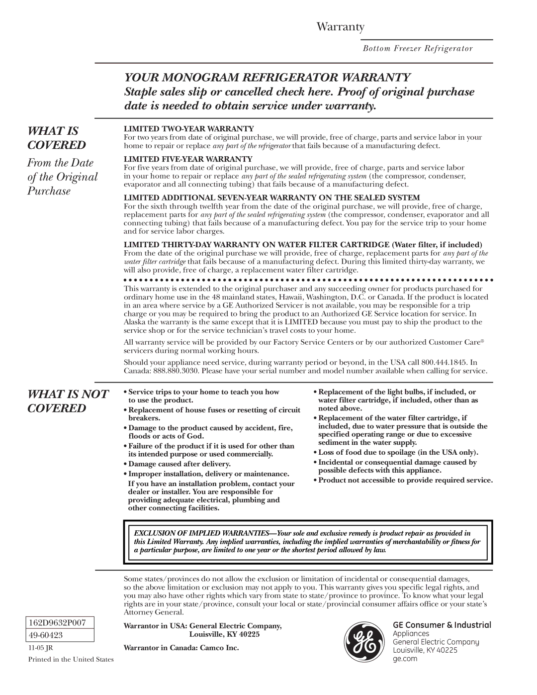 GE Bottom-Freezer Built-In Refrigerators owner manual From the Date Original Purchase, Your Monogram Refrigerator Warranty 