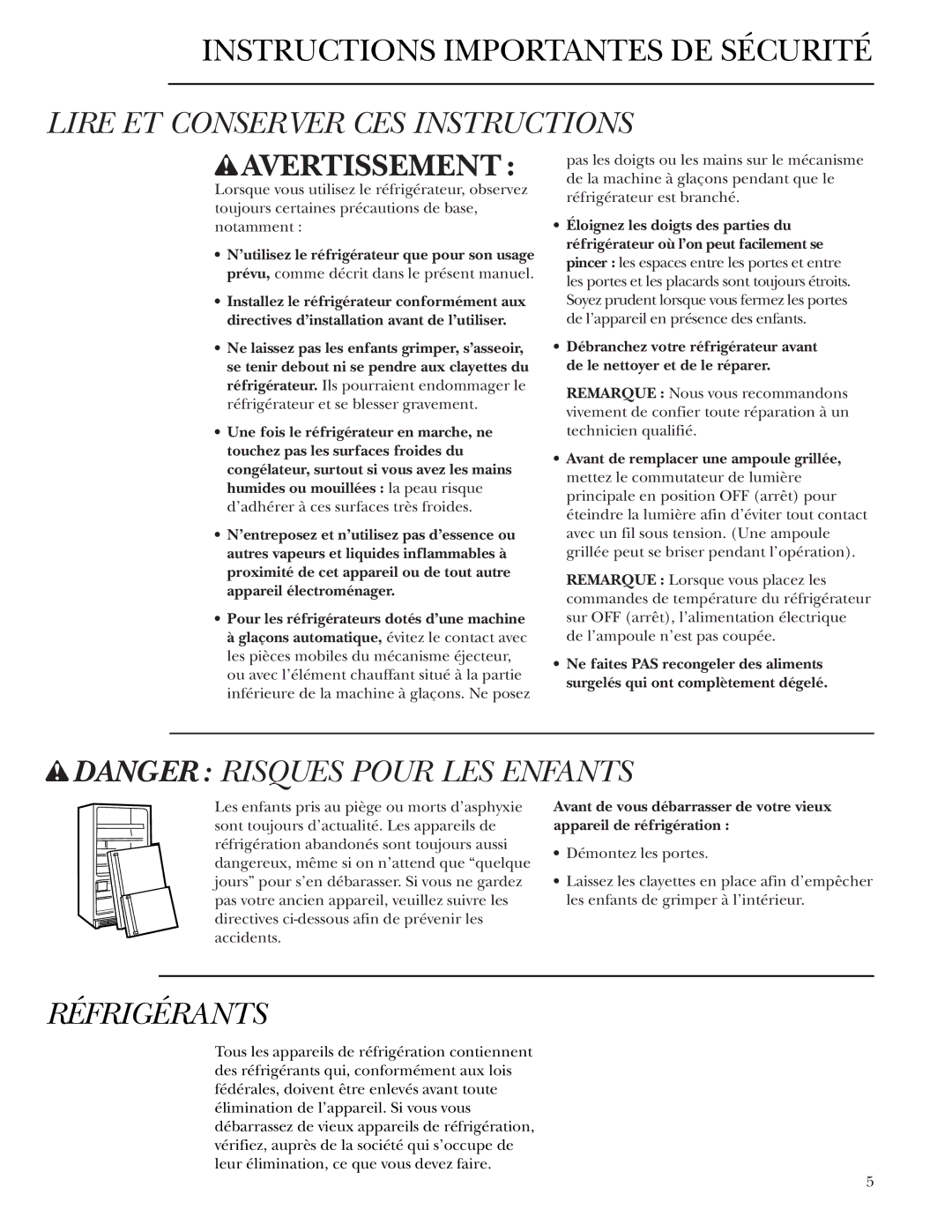 GE Bottom-Freezer Built-In Refrigerators owner manual Lire ET Conserver CES Instructions, Réfrigérants 