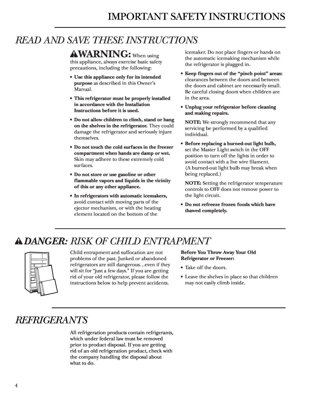 GE Bottom-Freezer Built-In Refrigerators Important Safety Instructions, Read And Save These Instructions, Refrigerants 