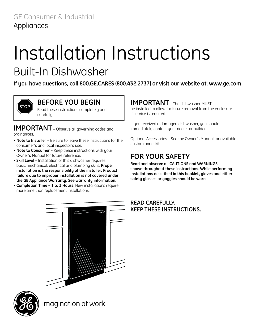 GE Built-In Dishwasher installation instructions Read Carefully Keep These Instructions 