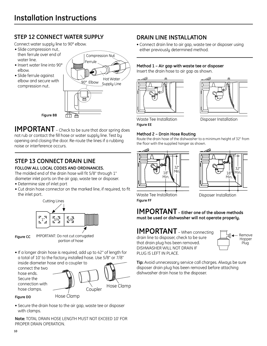 GE Built-In Dishwasher Connect Water Supply, Drain Line Installation, Connect Drain Line, Method 2 Drain Hose Routing 