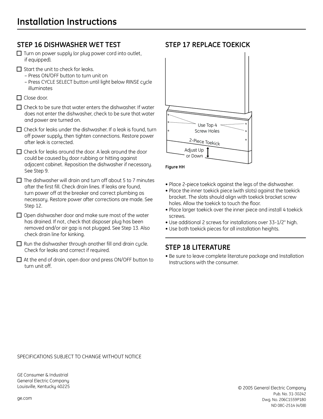 GE Built-In Dishwasher installation instructions Dishwasher WET Test, Replace Toekick, Literature 