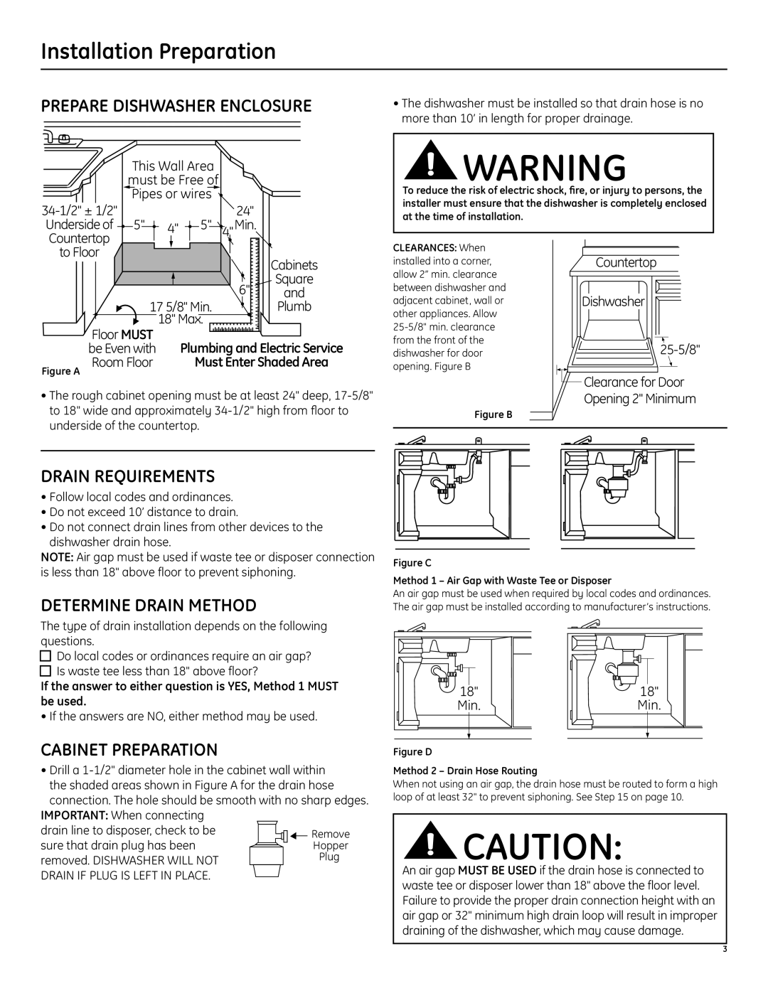 GE Built-In Dishwasher Prepare Dishwasher Enclosure, Drain Requirements, Determine Drain Method, Cabinet Preparation 