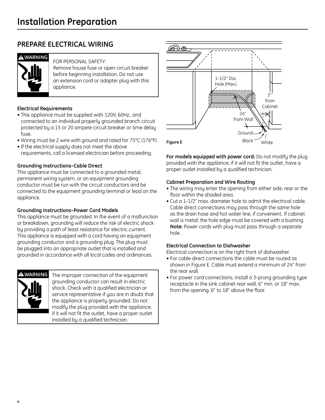 GE Built-In Dishwasher Prepare Electrical Wiring, Electrical Requirements, Grounding Instructions-Cable Direct 