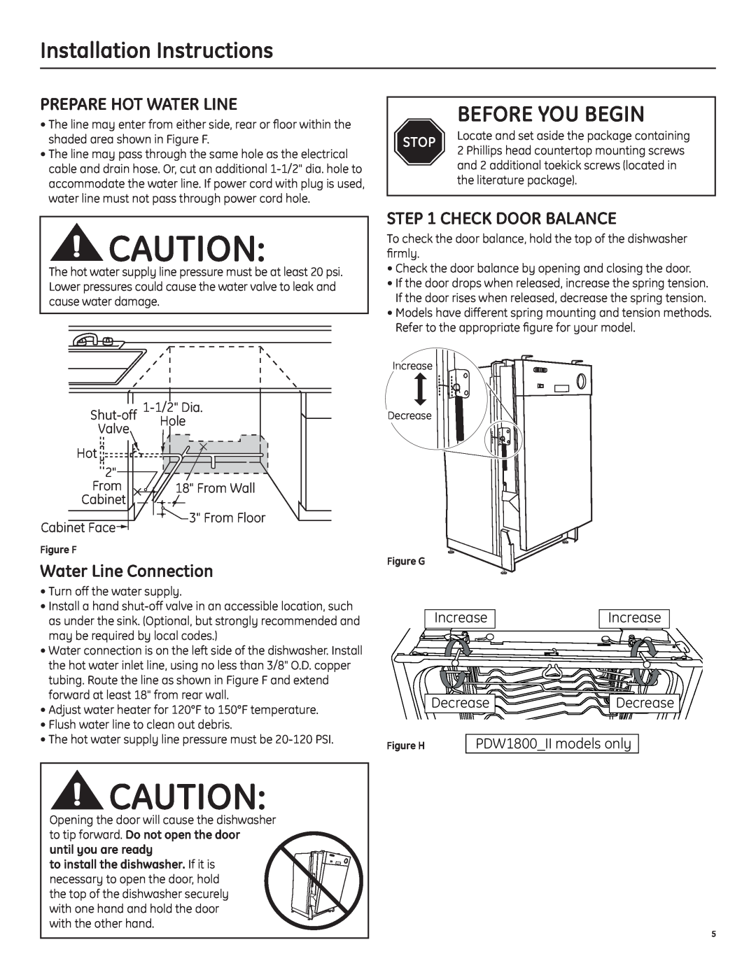 GE Built-In Dishwasher Installation Instructions, Prepare Hot Water Line, Check Door Balance, Water Line Connection, Stop 
