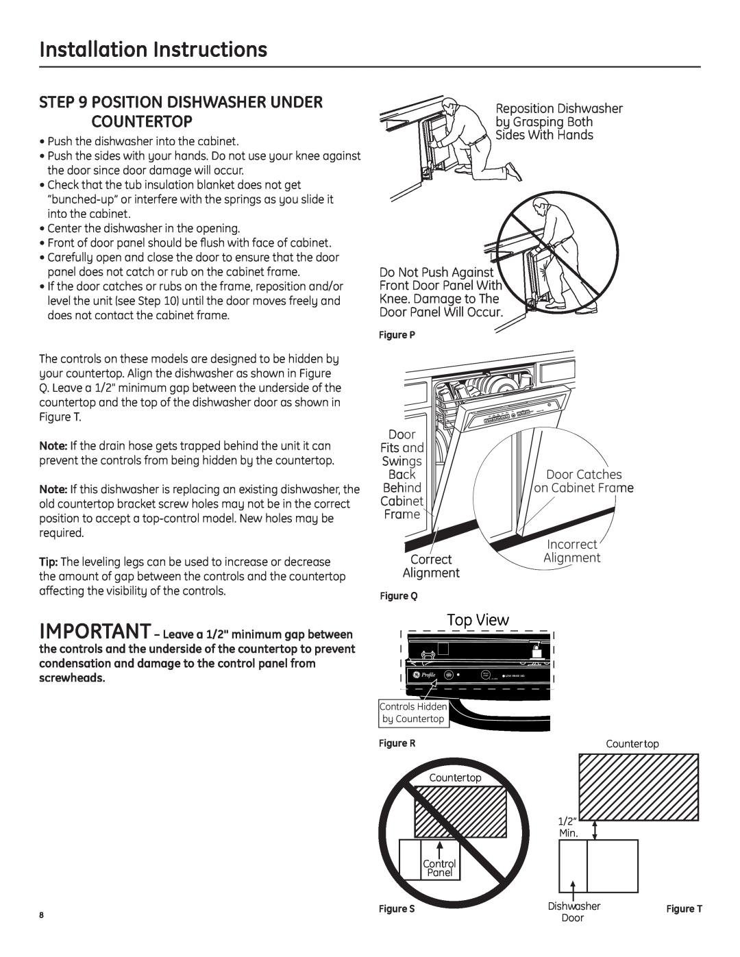 GE Built-In Dishwasher installation instructions Position Dishwasher Under Countertop, Installation Instructions, Top View 