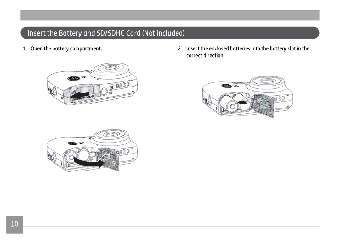 GE K1030, C1033, D1030 user manual Insert the Battery and SD/SDHC Card Not included 