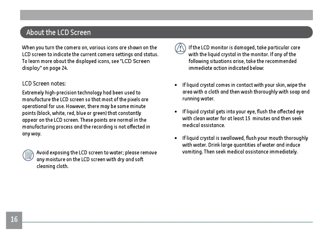 GE K1030, C1033, D1030 user manual About the LCD Screen, LCD Screen notes 