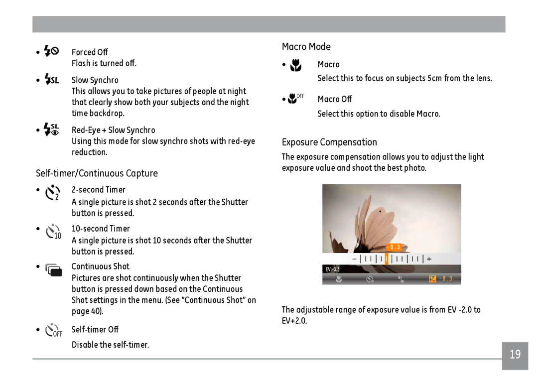 GE K1030, C1033, D1030 user manual Self-timer/Continuous Capture 