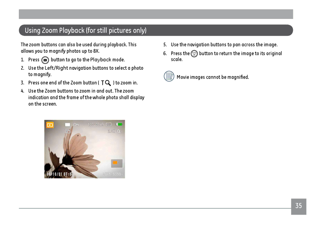 GE D1030, C1033, K1030 user manual Using Zoom Playback for still pictures only 