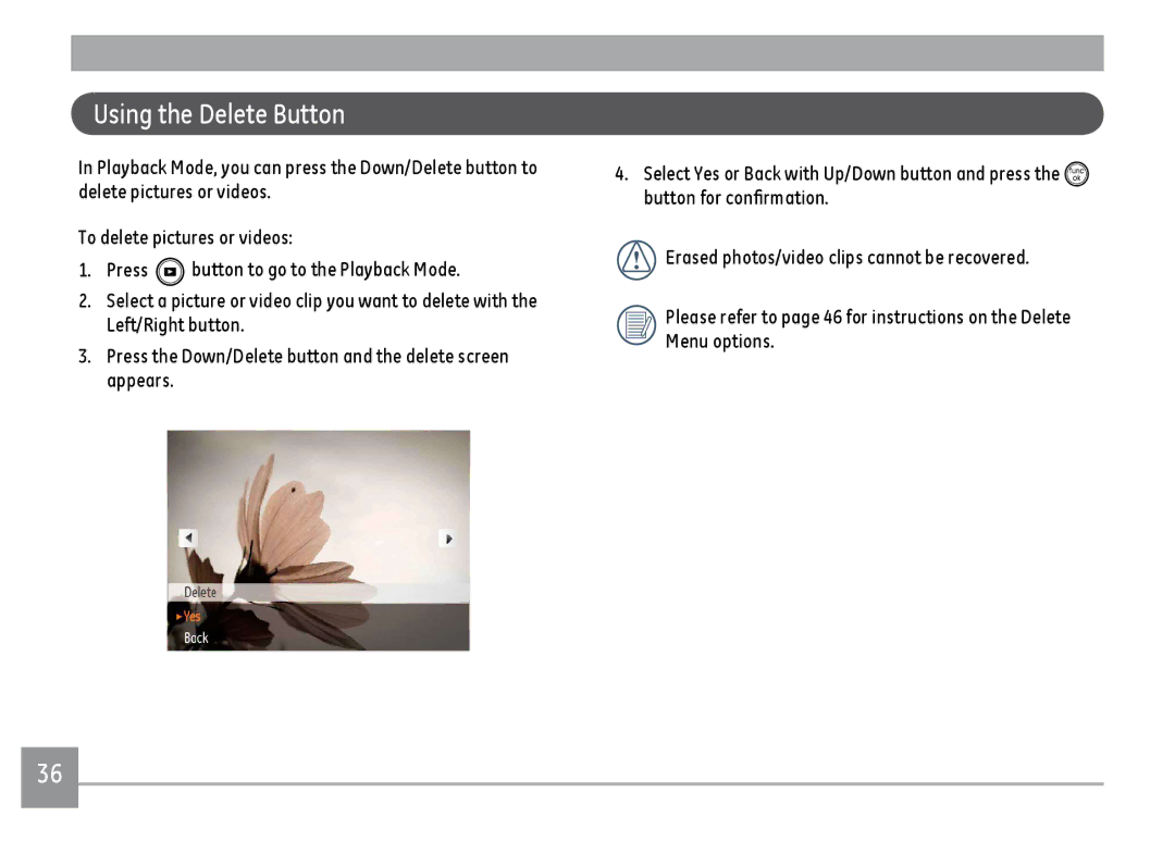 GE C1033, K1030, D1030 user manual Using the Delete Button 