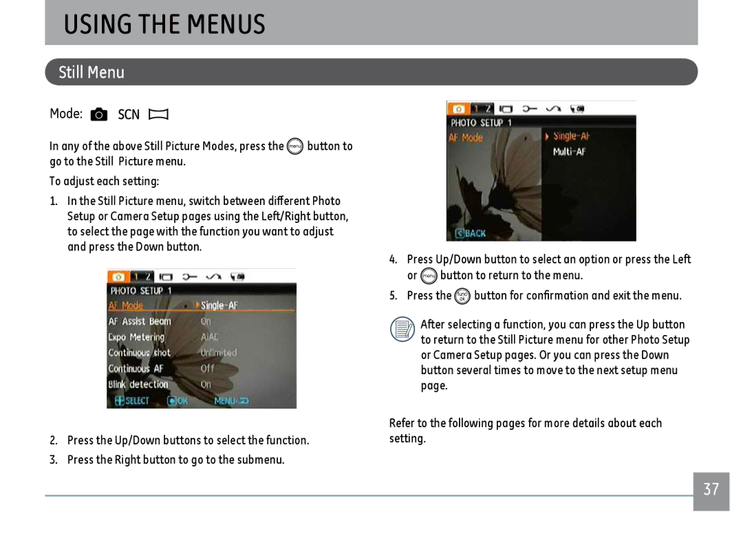 GE K1030, C1033, D1030 user manual Using the Menus, Still Menu 