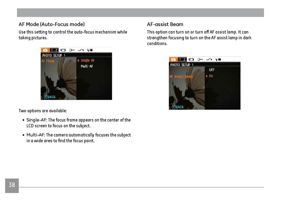 GE D1030, C1033, K1030 user manual AF Mode Auto-Focus mode, AF-assist Beam 