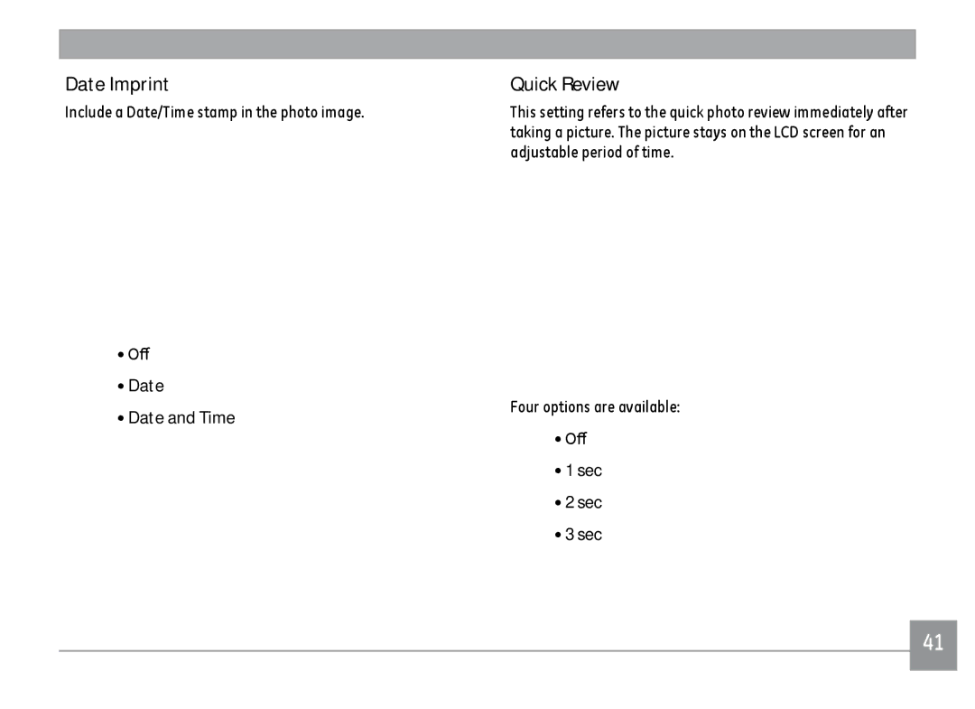 GE D1030, C1033, K1030 user manual Date Imprint, Quick Review, Off Date Date and Time, Off Sec 