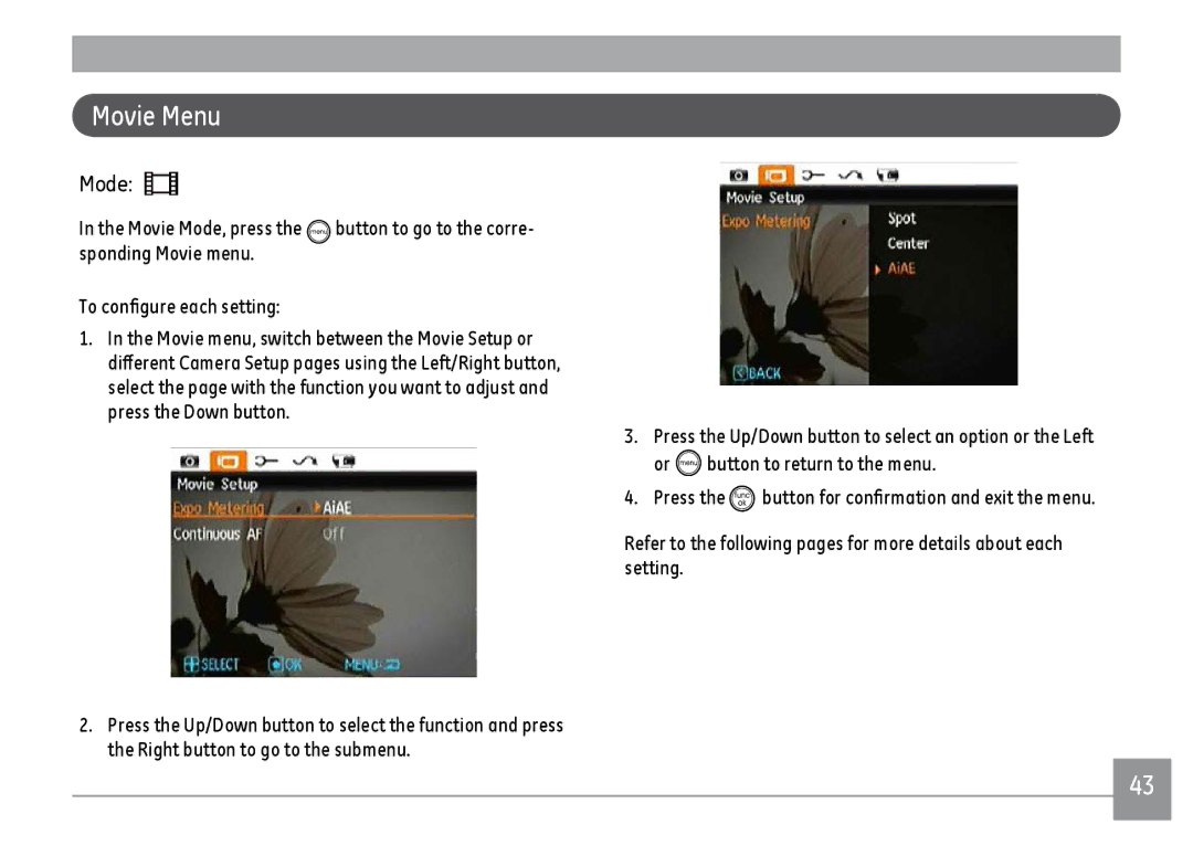 GE K1030, C1033, D1030 user manual Movie Menu 