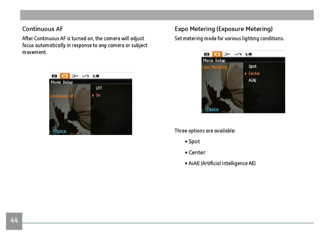 GE D1030, C1033, K1030 user manual Continuous AF Expo Metering Exposure Metering, Spot Center 