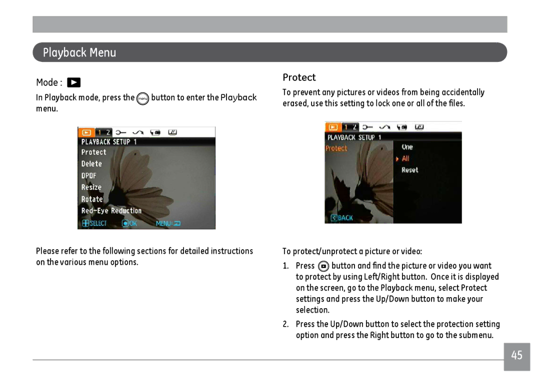 GE C1033, K1030, D1030 user manual Playback Menu, Protect 