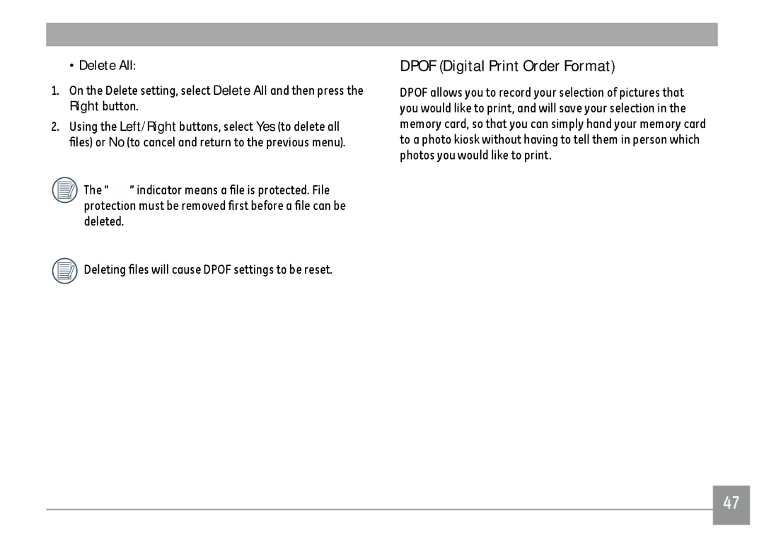 GE D1030, C1033, K1030 user manual Dpof Digital Print Order Format, Delete All 