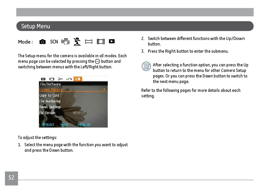 GE K1030, C1033, D1030 user manual Setup Menu, Mode 