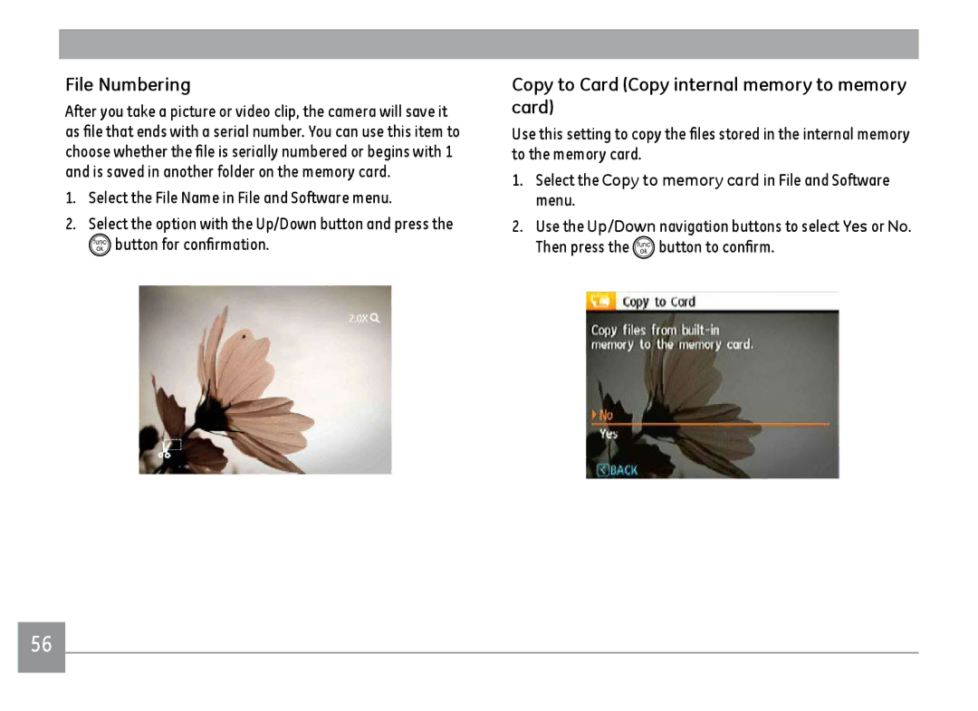 GE D1030, C1033, K1030 user manual File Numbering, Copy to Card Copy internal memory to memory card 