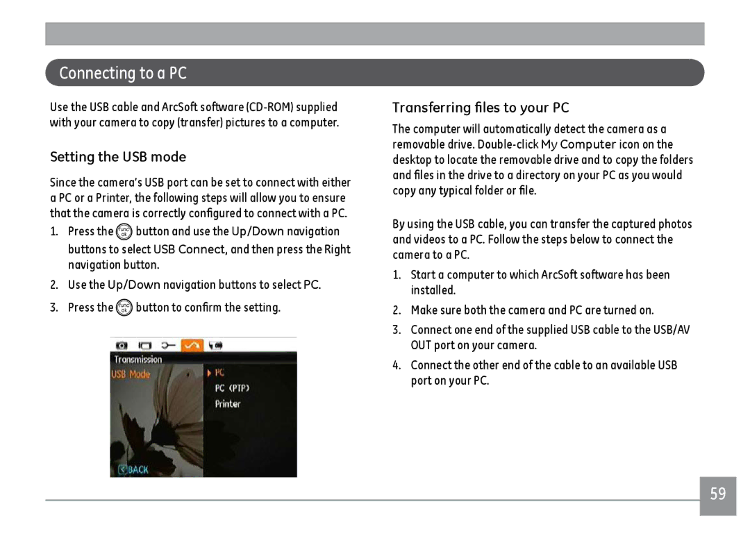 GE D1030, C1033, K1030 user manual Connecting to a PC, Setting the USB mode, Transferring files to your PC 