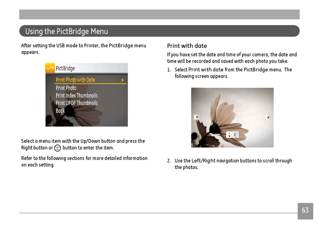 GE C1033, K1030, D1030 user manual Using the PictBridge Menu, Print with date 