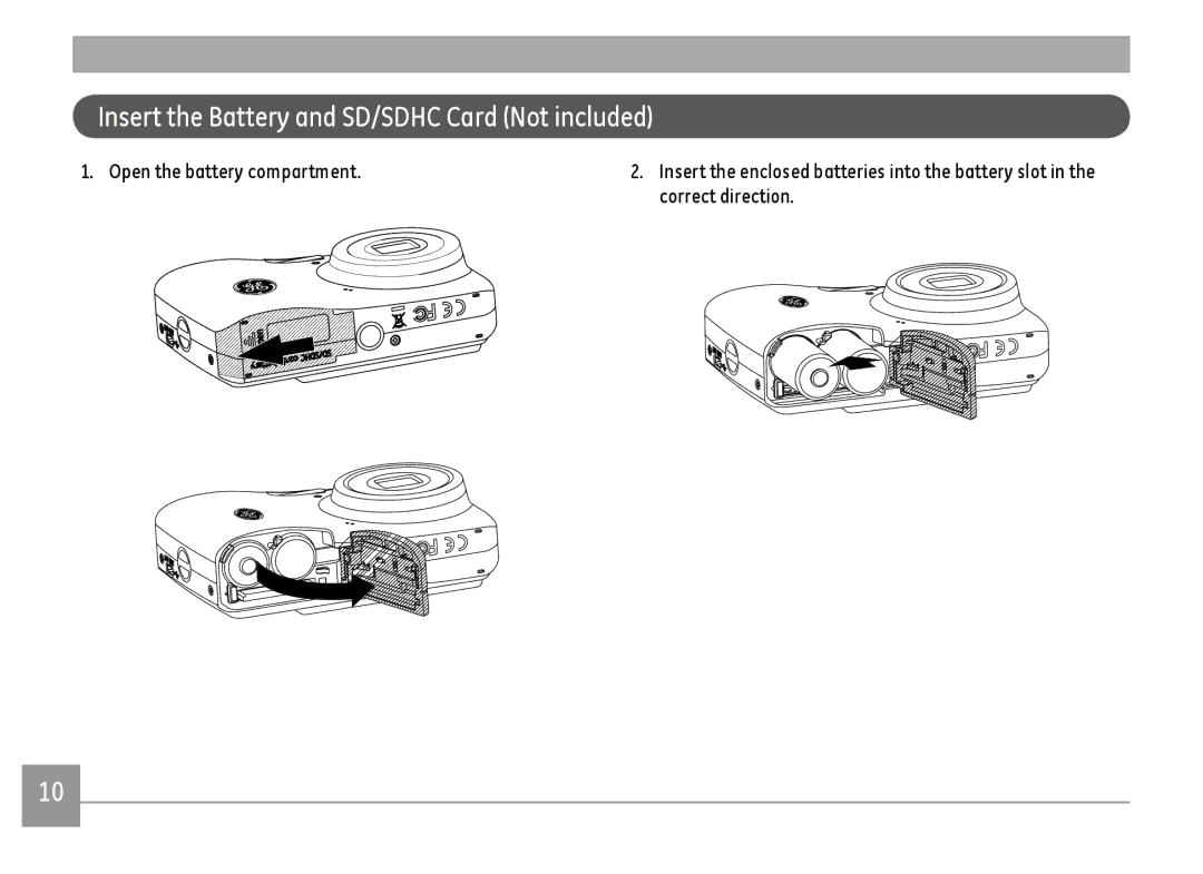 GE C1033BK, C1233SL, C1033SL, C1033RD user manual Insert the Battery and SD/SDHC Card Not included 