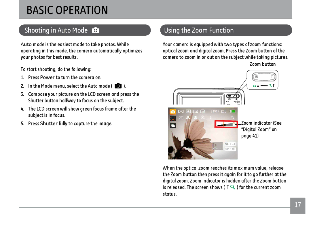 GE C1233SL, C1033BK, C1033SL, C1033RD user manual Basic Operation, Shooting in Auto Mode, Using the Zoom Function 