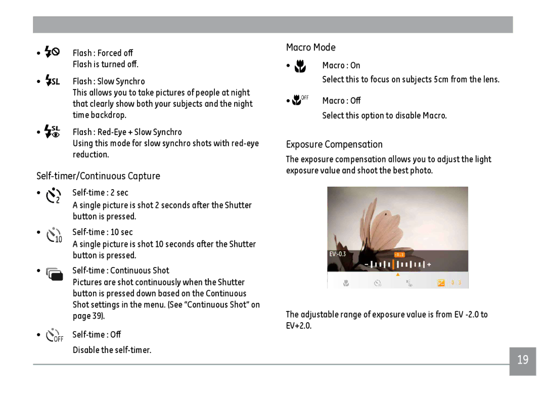 GE C1033SL, C1233SL, C1033BK, C1033RD user manual Self-timer/Continuous Capture 