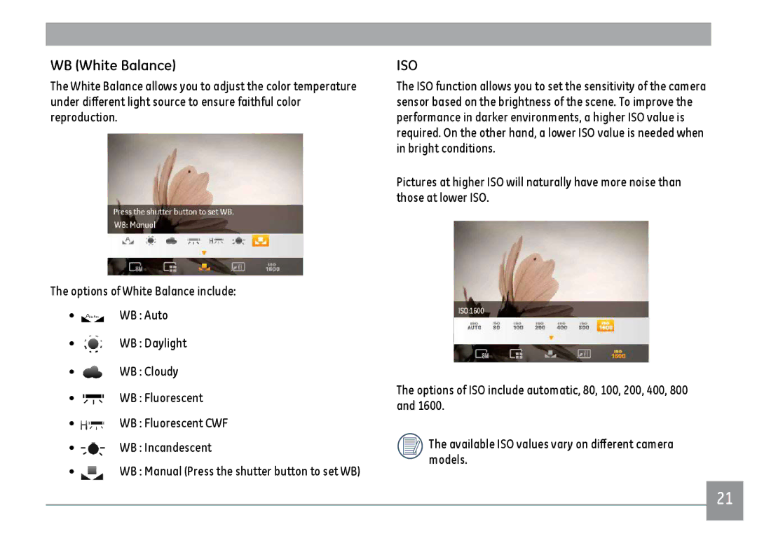 GE C1233SL, C1033BK, C1033SL, C1033RD user manual WB White Balance, Iso 