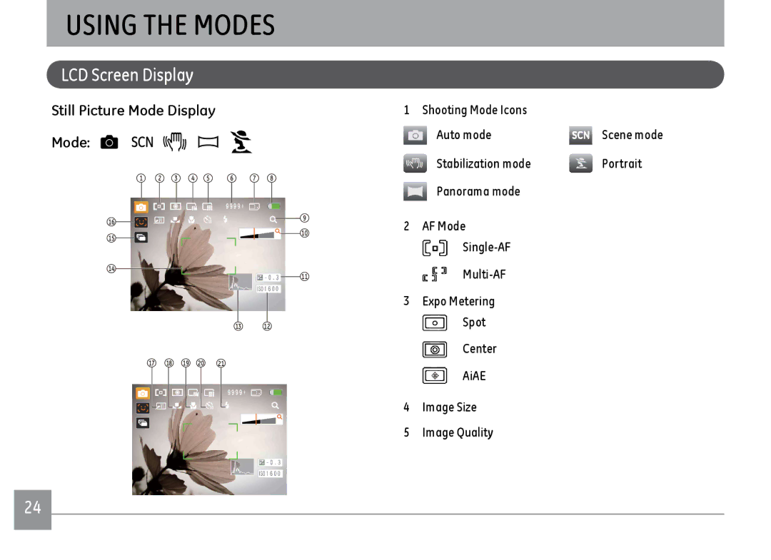 GE C1033RD, C1233SL, C1033BK, C1033SL user manual Using the Modes, LCD Screen Display, Still Picture Mode Display 