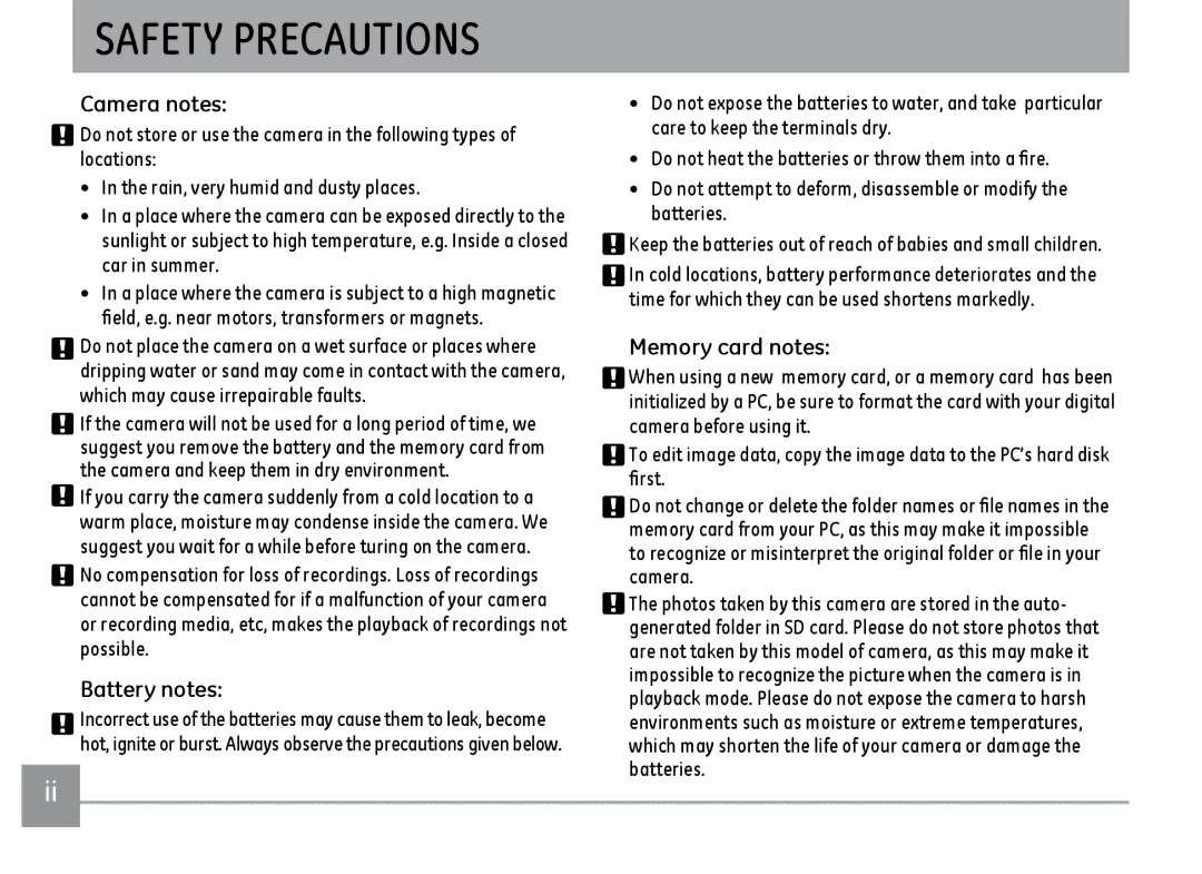 GE C1033RD, C1233SL, C1033BK, C1033SL user manual Safety Precautions, Camera notes, Battery notes, Memory card notes 