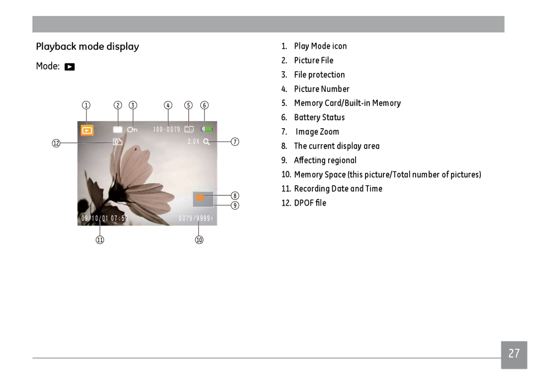 GE C1033SL, C1233SL, C1033BK, C1033RD user manual Playback mode display 