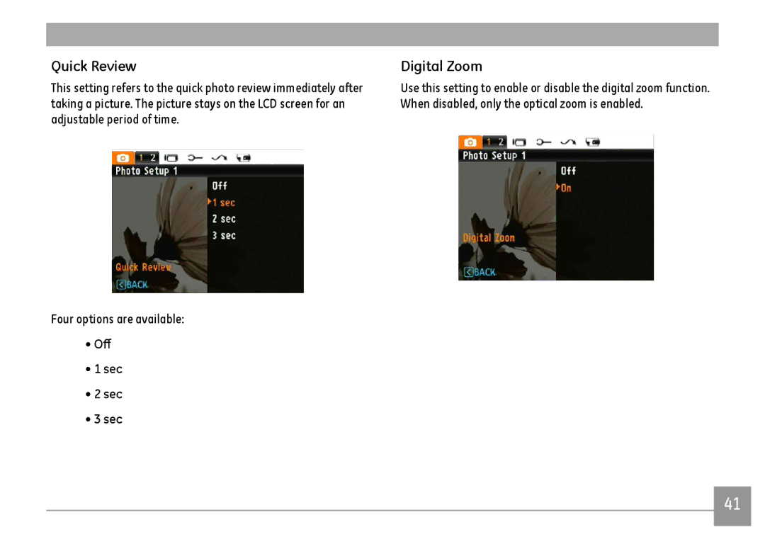 GE C1233SL, C1033BK, C1033SL, C1033RD user manual Quick Review, Digital Zoom, Off Sec 