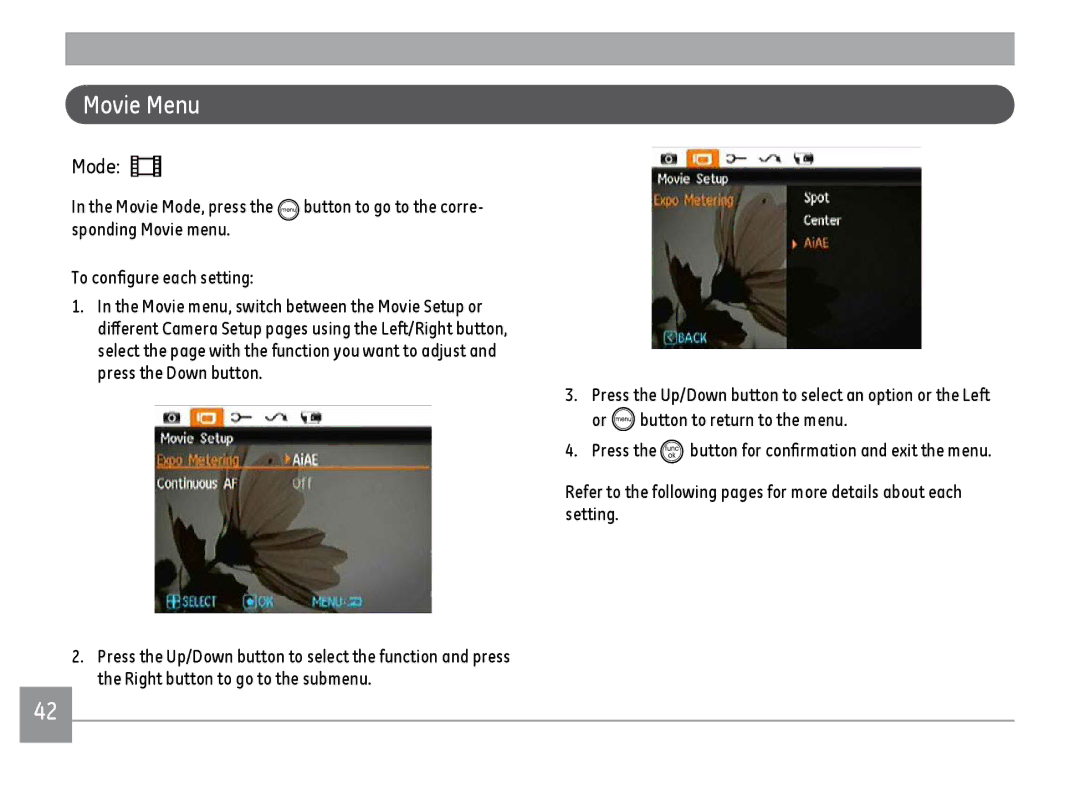 GE C1033BK, C1233SL, C1033SL, C1033RD user manual Movie Menu 