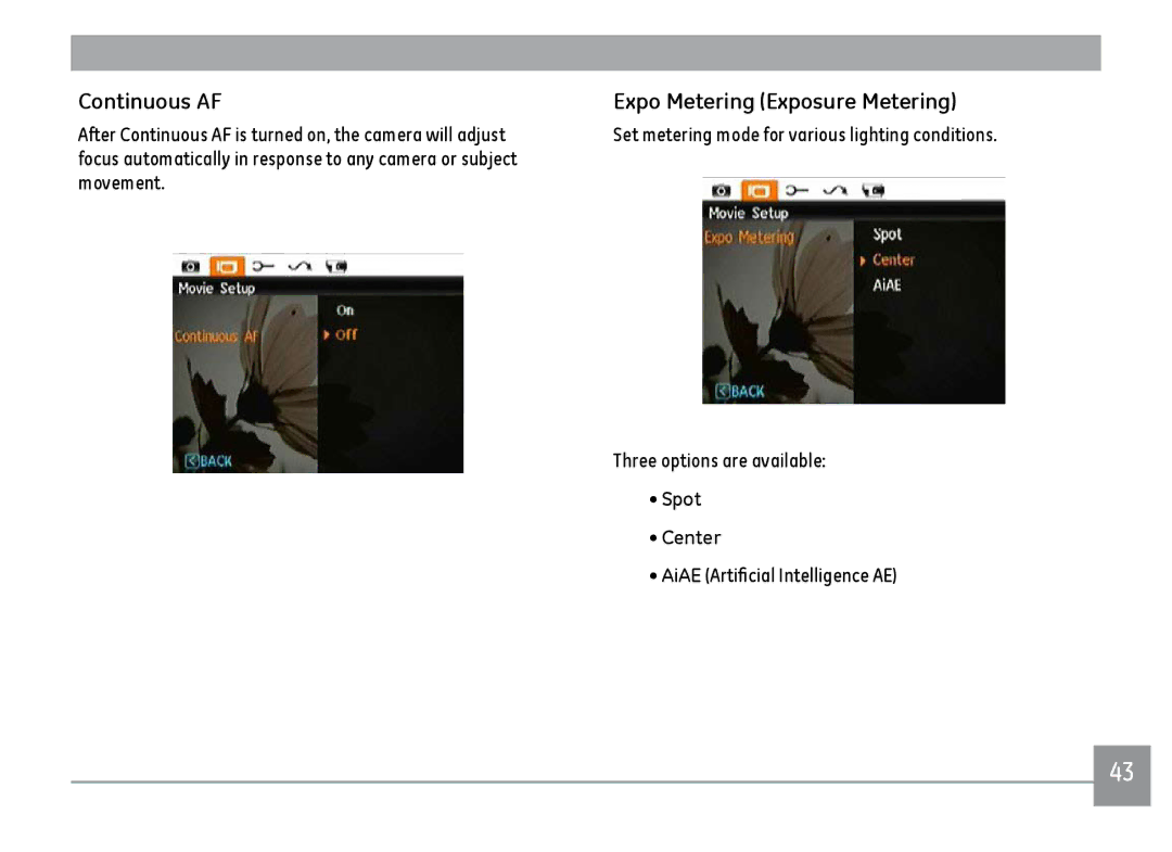 GE C1033SL, C1233SL, C1033BK, C1033RD user manual Continuous AF Expo Metering Exposure Metering, Spot Center 